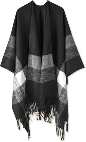 LumiSyne Donna Poncho Invernale Grande Scialle Wrap Blocchi di Colore Motivo a Quadri Righe Poncho Capes Lavorato a Maglia con Nappa Frontale Aperto Mantello Cardigan Caldo Pashmina Sciarpa Coperta