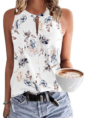 WNEEDU Damen Tank Top Sommer Ärmellose Oberteile Tops V-Ausschnitt Sexy Tanktops Lässiges Strand Shirts Blusentop Florales Weiß M