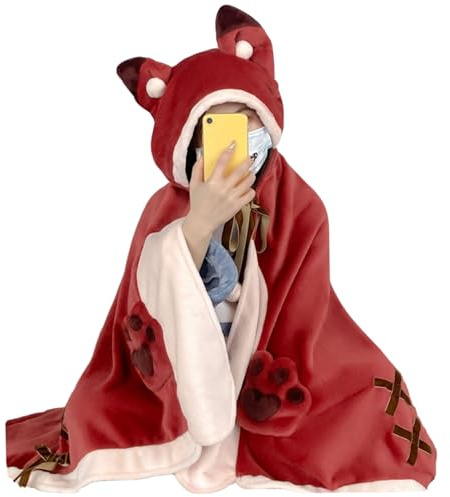 Muzrunq Coral Fleece Wearable Fox Hoodie Cape Blanket With Sleeves Winter Comfy Hoodie Home Office Nap