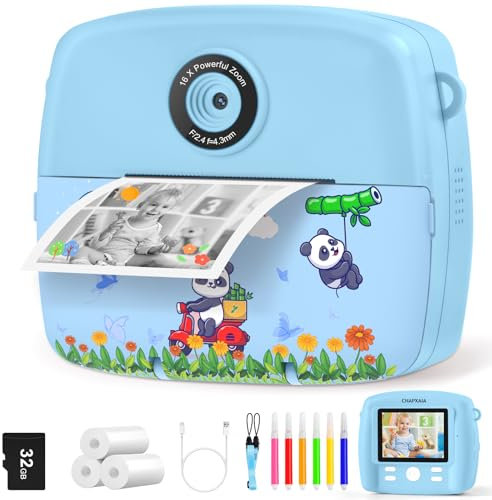 CNAPXAIA Sofortbildkamera Kinder, 2,4 Kinderkamera Sofortdruck mit 32GB Karte & 3 Rollen Druckpapier, Fotokamera Geburtstagsgeschenk für Jungen Mädchen ab 3-12 Jahren (Blau)