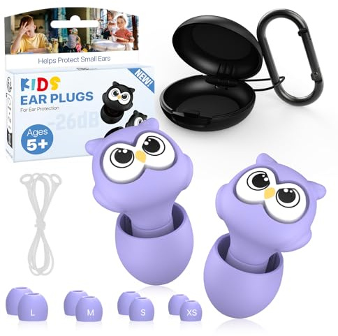 Bouchons d’oreille enfants dès 5 ans – 26 dB protection auditive, en silicone avec cordon anti-perte, 4 tailles, adaptés aussi aux adultes aux petits canaux, pour école, voyage & concerts