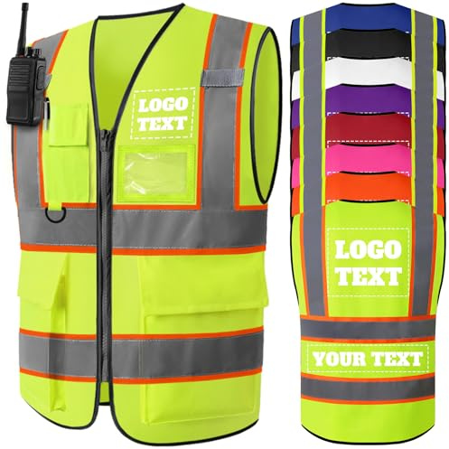 Xihedfd Personalisierte Warnweste Reflektierende Warnschutzweste mit Hoher Sichtbarkeit für Damen & Herren Sicherheitsweste mit Logo Text Taschen für Arbeit Bauwesen (S–5XL)