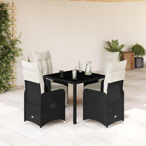 Ziaphsol Ensemble bistro de jardin 5 pièces avec coussins, en polyrotin noir, chaises réglables, table en verre, résistant aux UV pour balcon, terrasse