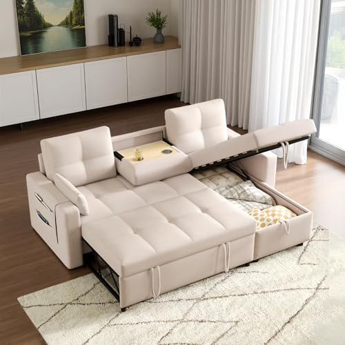 Sapgaks Canapé d'angle Convertible en L avec Espace de Rangement,Porte-gobelet Pliant,canapé lit gigogne avec Fonction Sommeil,canapé Convertible 3 Places en Lin(J-Beige)