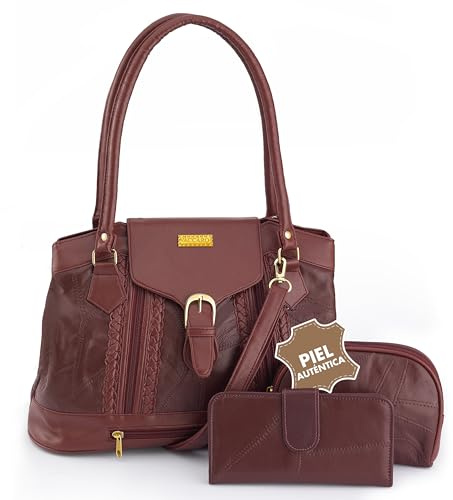 Bolso Piel ORLEANS para Mujer. Asa de Hombro y Bandolera. Ideal Trabajo y Ocio. Múltiples compartimentos, incluido para paraguas. Diseño Elegante y Actual. Color Burdeos. Con Cartera y Neceser a juego