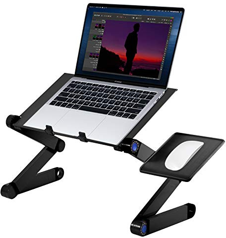 Ejoyous Table de Lit Pliable en Aluminium, Pliable & 360° Portable Table d'Ordinateur avec Double Ventilateur et Panneau de Souris, Support d'Ordinateur pour PC Livre Lit Canapé, Noir