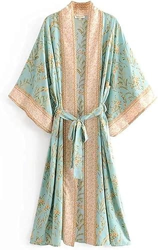 Baverta Women's Kimono Dressing Gown Floral Beach Cardigan Long Kimono Robe Bikini Cover Silk Satin Nightwear Pyjamas Bathrobe (Green,S)