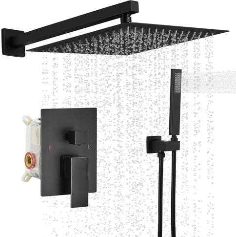 BWE Black Shower Faucet Set, 12 Inch Square Rain Shower Head and Handle Set Bathroom Shower System Sets Complete Combo 2-Functions Pressure Balancing Wall Mount Rainfall Shower Mixer Valve