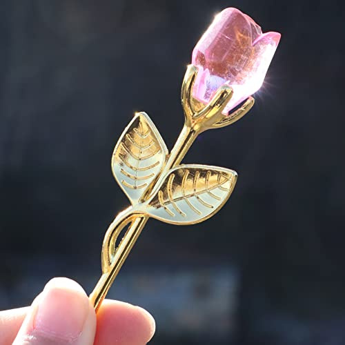 Crrezhai Glass Rose Mini Crystal Flower Artificial Flowers Wedding Party Gift Room Ornament Office Desktop Feng Shui Decoration (Pink)