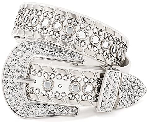 LEACOOLKEY Ceinture en strass pour homme et femme, ceinture western en cuir avec clous de style cow-girl et cowboy, ceinture de taille brillante pour jeans, pantalons, robes, D-blanc, S: Passgröße