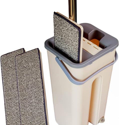 Mopa Cubo Escurridor Fregona Plana Drenaje Doble Compartimento Escurre Fácil 2 Almohadillas para Limpieza Suelos Azulejos Tarima Madera Mango Ergonómico Atrapa Polvo Ventanas Mop Bucket Trapeador Set