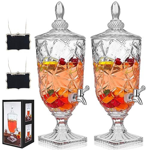 Zhehao 2 dispenser per bevande in vetro da 0,8 galloni, dispenser vintage trasparente per bevande con beccuccio e 2 lavagne in legno a bocca larga, per feste, bar, casa