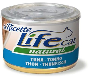 Life Natural Cat Ricette Umido per Gatti 8 x 150g con Ingredienti di Alta Qualità – Cotto al Vapore, Senza Conservanti né Additivi – Maxi Formato con Tappo Salva Sprechi (Tonno)