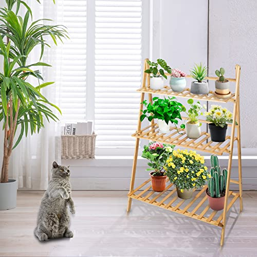 HUOLE Estantería para Macetas de Bambú, Escalera para Flores Trapezoidal Soporte Plantas Estante Vertical para Esquina Exterior Interior Balcón Jardín Sala de Estar-70*40*96cm-tres capas