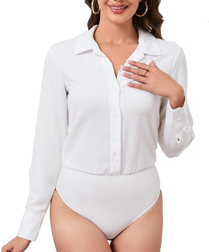 PBQOA Women's Long Sleeve Blouse Bodysuit Turn-down Collared Shirt Snap Button Up Shirt Body Suit Top White,S