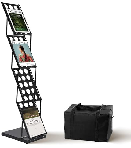 4 Pocket Magazine Rack Brochure Display Stand, A4 Portrait Folding Literature Rack, Metal Catalog Floor Standing Holder, Tradeshow Display Stand with Carrying Bag for Shop Exhibitions, Retail Store