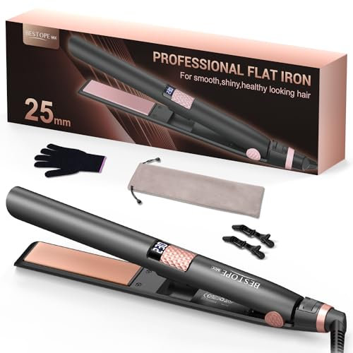 Hair Straightener Flat Iron for Woman - 1 inch Hair Straightener Iron for Shiny Hairstyle，Ceramic Floating Plates, Quick Heat Up, Adjustable Temeprature with LCD Display，80-230°C， Dual Voltage