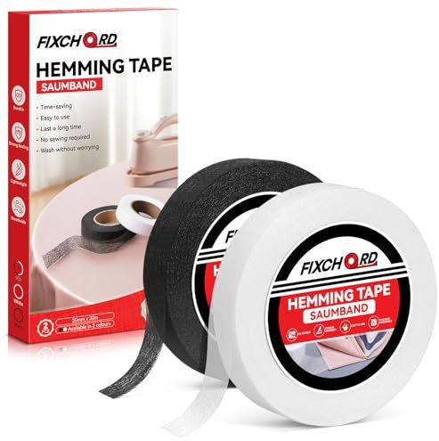 FIXCHORD Saumband, 2PCS Saumband zum Aufbügeln, Bügelband zum Aufbügeln, Bügelband zum Kürzen für Vorhänge, Bügelkleber für Textilien, Gardinen kürzen ohne Nähen, Schwarz und Weiß 30m*20mm