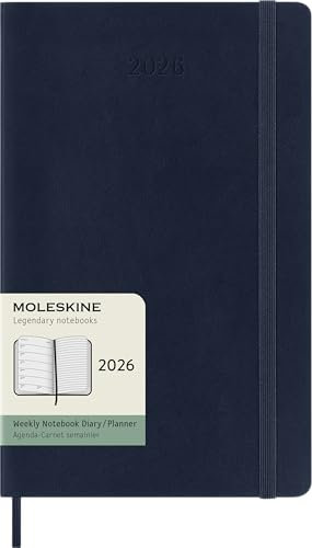 Moleskine Wochenplaner, Wochenagenda 2026 12 Monate mit Platz für Notizen, mit weichem Einband und Gummibandverschluss, Großformat 13x21, Farbe Blau
