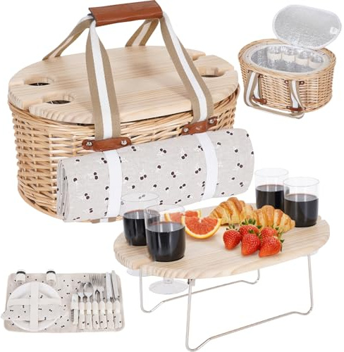 Lot de paniers de pique-nique pour 4 personnes, en osier isolé, avec couverture imperméable, table de pique-nique pliable pour vin et couverts, pour camping, extérieur, Saint-Valentin (cerise)