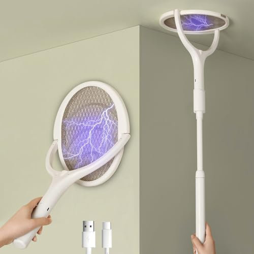 Rppiup Electric Fly Swatter, 6-In-1 Electric Fly Zapper with Rotating Head, FlyZapper Racket with Led Lights and Telescopic Extension Wand, USB Rechargeable Bug Zapper Racket with Base and Wall Mount