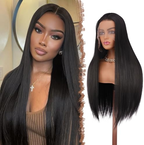 FESHFEN Pelucas Pelo Largo Liso - 13x4 Lace Front Peluca para Mujeres Negro Natural Pelucas Sintético Resistente al Calor Pre Desfilada Wig para Diaria y Fiestas, 75 cm