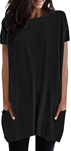 T-shirt d'été pour femme - Élégant - Long - Avec poches - Col rond - Noir - Manches courtes - Confortable - En coton - Couleur unie - Décontracté - Respirant - Pull ample pour femme, Noir , XXL