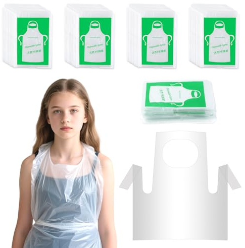 50 Pieces Disposable Aprons for Kids, Plastic Smocks, Clear kids Apron Children Painting Apron Disposable Waterproof Oil Proof Toddler Art Aprons for Cooking Eating Teaching DIY Craft Picnic
