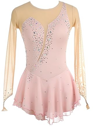Maillot Patinaje Artístico Leotardo con Rhinestone y Cuello en V para Mujeres Adultos Vestidos de Ballet para Manga Larga Competición,Light Pink,L