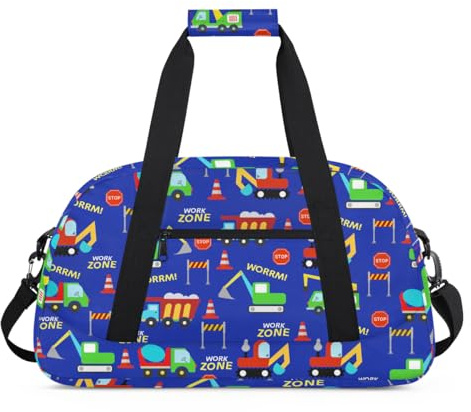 Kids Overnight Duffel Bag Boys - Sport Gym Bag Travel Duffle Luggage Bag Water Resistant lightweight Carry On Weekender Tote for Practice Workout School Sleepover (Blue Construction Trucks)