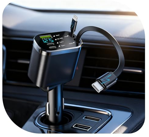 LAIVIYA Caricatore Auto USB C, 5-IN-1 Accendisigari Presa USB Auto con 70CM Cavo Retrattile, Retrattile Caricabatterie Auto per iPhone/Samsung/Android, 180° Pieghevole Spina 12/24V