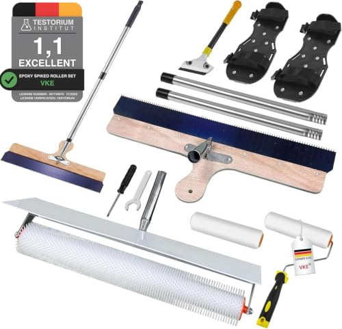 VKE Spiked Roller Self Levelling with Splash Guard, Self-Levelling Scraper | 50 cm Spiked Roller with 1.62 m Extension Pole, Spike Shoes and Scraper Suitable for Self Levelling Compound and Epoxy Resin