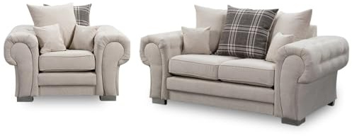 Verona Corner Suites - Kensington Cream Fabric Sofa 3+2+1 Seater Set - Chesterfield 3+2 Seated Scatter Back Couch - Comfy 3+1 Settee Suite - 2+1 Seater Sofas Arm Chair for Living Room (2+1 Sofa Set)