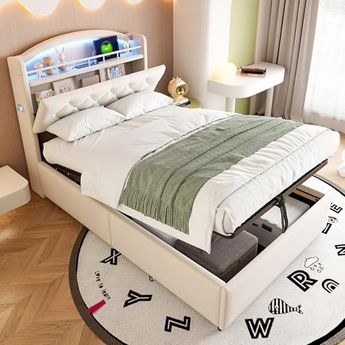 LAKFEW Cama 90x200 cm Camas Juveniles con USB y LED, Cama Individual Cama 90 con Almacenamiento Hidráulico y Cabecero Almacenaje, Camas Individuales Tapizada, Terciopelo, Beige, Sin Colchón