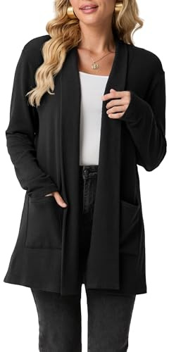 GRECERELLE Cardigan lungo da donna aperto sul davanti, leggero, elegante, casual, cardigan da donna con collo a scialle, maglione da donna con tasche, autunno, inverno, primavera, Nero , L