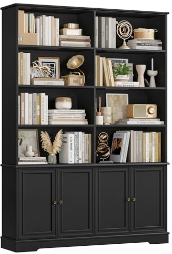 FirFurd Estantería con Puertas, Librería con Puertas, Estantería Libros, Librería Salón, Vitrina Salón, Estanteria Almacenaje Madera, 4 Puertas, 8 Compartimientos, Negro, 120x27x185cm