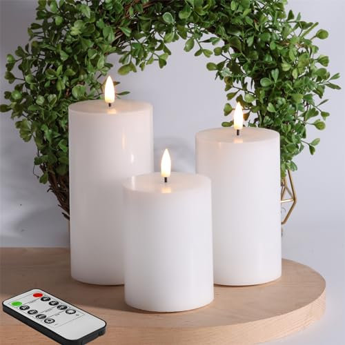 Eywamage White Flat Top Flameless Pillar Candles with Remote, Flickering Real Wax LED Battery Candles Φ 3 H 4 5 6