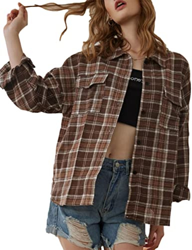 Zontroldy Camicie in flanella scozzese da donna oversize a maniche lunghe abbottonate camicia a quadri di bufalo top, L
