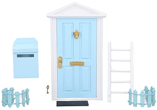 Mini Ensemble de Porte en Bois avec Serrure de Porte, Boîte Aux Lettres, Clôture, échelle, Repose-Pieds, Kit de Porte Fée des Dents à Décorer, 1:12 Maison de Poupée DIY Activités Artisanales(Bleu)