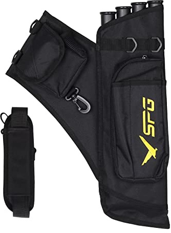 FENJANER Archery Quivers Arrow Hip Quiver with 4 Tubes Adjustable Waist Belt Storage Compartment for Accessories Tools,Release Tab,Score Card (Black)