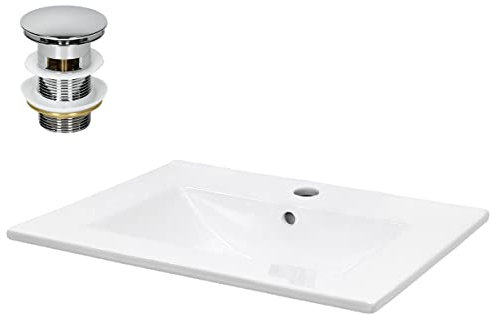 ECD Germany Lavabo en Céramique Blanc 610x465x175 mm avec Garniture de Vidage 1 1/4 Universel et Trop-Plein, Vasque Encastré, Design Élégant Moderne, Évier Lave-Mains pour Salle de Bain et Toilettes