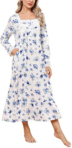Rubehoow Chemise de nuit vintage à manches longues boutonnée sur le devant en coton doux style victorien avec poches pour femme, M