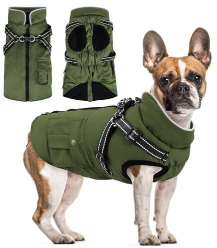 Woiil Hundemantel Winter Warme Hundejacke für mittelgroße Hunde wasserdichter Winterweste atmungsaktiv Hundekleidung Hundepullover mit Geschirrloch Reflektorstreifen Armeegrün M
