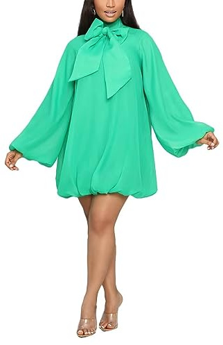 Yanfoam Women's Puff Long Sleeve Sweetheart Round Neck Dress Flowy Loose Chiffon for Cocktail Party Mini Dress Green