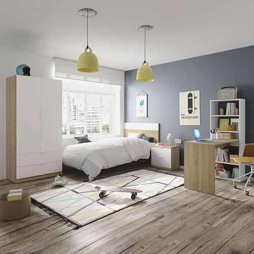 Miroytengo Pack de Muebles de Dormitorio Juvenil Luca en Color Blanco y Roble Canadian formado por Armario, Cabecero, Mesita y Escritorio