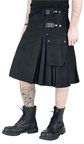Men's Utility Kilt, Scottish Black Kilt for Men, Cargo Kilt with Pockets, Adjustable Straps, Traditional Highland Style for Casual Wear, Festivals, Weddings & Outdoor Activities