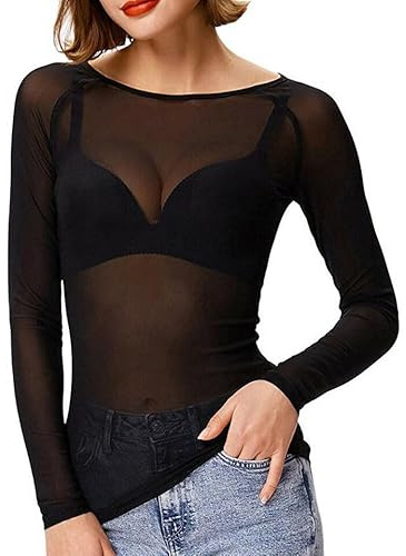 Womens Mesh Tops Long Sleeve See Through Sheer Mesh Tops Stretchy Slim Fit Mesh Blouses Shirt Tops Clubwear Nightwear Shirts Black