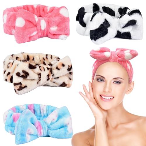 KEYRI 4 Piezas Diadema Para Mujer, Diadema de Maquillaje Diademas Skincare Cinta Pelo Maquillaje de Forro Polar Coral Elástica Diademas para Ducha Deporte (Blanco, Rosa, Azul, Leopardo, Talla única)