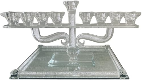 NESHER HOME Hanoukia Candélabre Chandelier Hanouka Menorah en Cristal et Pierres Blanches pour Hanouccah Bougeoir Juif Centre de Table Hannukah Plateau Miroir et Pierres Offert