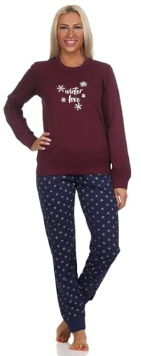 Normann Damen Langarm Schlafanzug Pyjama mit Bündchen in winterlicher Optik, Farbe:rot, Größe:40-42